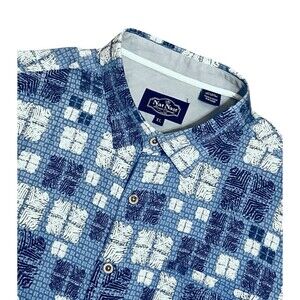 NAT NAST Blue/White Camp Shirt Geometric Hawaiian Silk Blend Button Up Men's XL